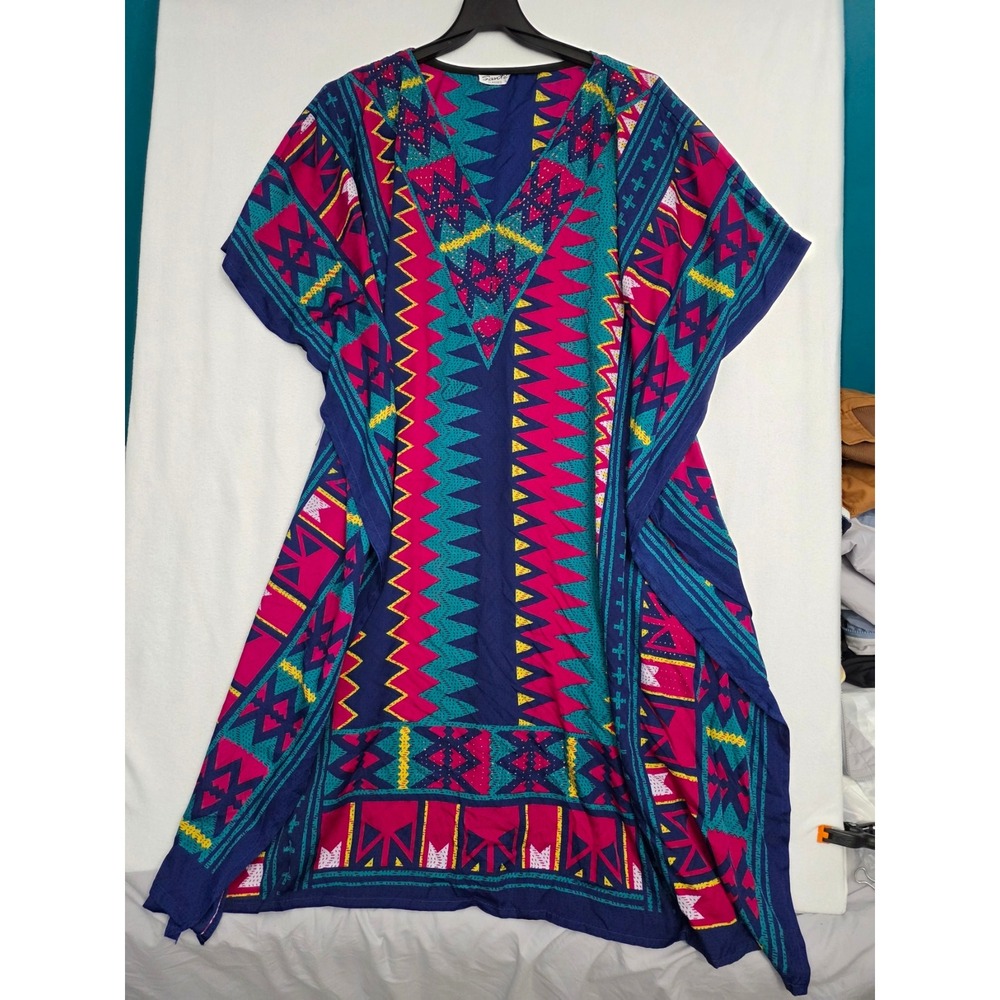 Sante Classics Vintage 80s Kaftan Dress OS Blue Pink Geometric Boho Maxi Lounger